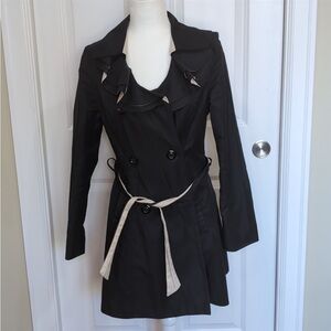 Betsy Johnson Black Trench Coat Size Small Double Breasted Ruffle